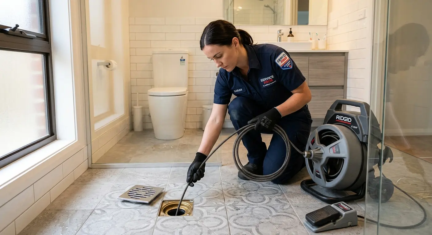 Technician clearing a bathroom floor drain for Drain Repair in Glasgow Village